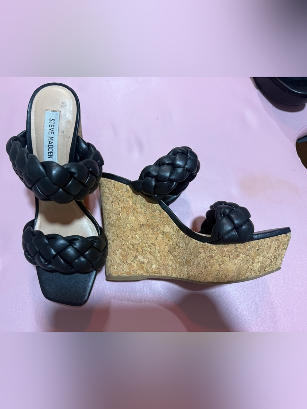 Steve Madden Black Braided Cork-Platform Wedge Sandals